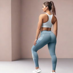 The digital art image showcases a woman from the back, wearing form-fitting leggings that accentuate her curvaceous figure