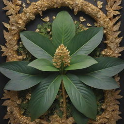 A fantastical depiction of a lush plant, adorned with leaves splitting open to reveal sparkling gold nuggets inside.