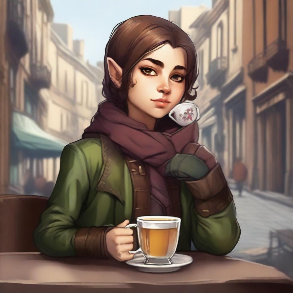 A high-quality digital art image captures an androgynous halfling rogue, dressed in well-made clothes, sipping tea with an air of casual elegance