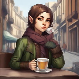 A high-quality digital art image captures an androgynous halfling rogue, dressed in well-made clothes, sipping tea with an air of casual elegance