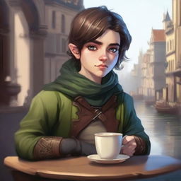 A high-quality digital art image captures an androgynous halfling rogue, dressed in well-made clothes, sipping tea with an air of casual elegance