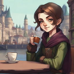 A high-quality digital art image captures an androgynous halfling rogue, dressed in well-made clothes, sipping tea with an air of casual elegance