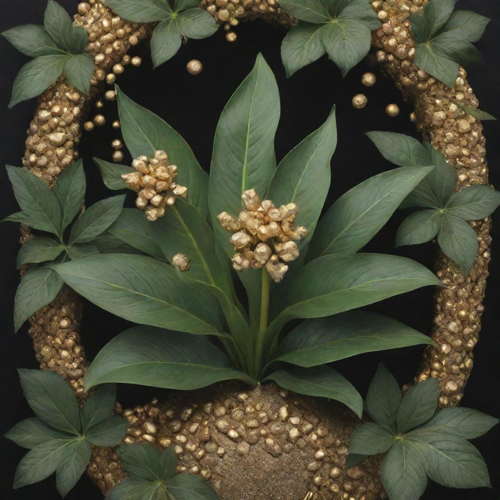 A fantastical depiction of a lush plant, adorned with leaves splitting open to reveal sparkling gold nuggets inside.