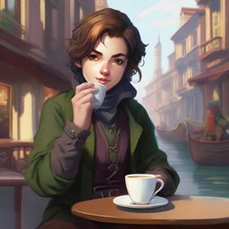 A high-quality digital art image captures an androgynous halfling rogue, dressed in well-made clothes, sipping tea with an air of casual elegance