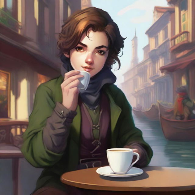 A high-quality digital art image captures an androgynous halfling rogue, dressed in well-made clothes, sipping tea with an air of casual elegance