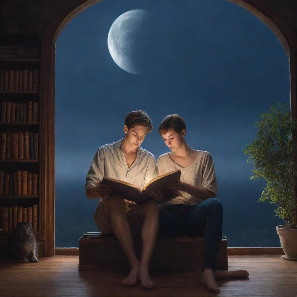 A magical fantasy library scene. A 21-year-old man with short hair and a beautiful woman immersed in reading a book, under the tranquil luminescence of the moon.