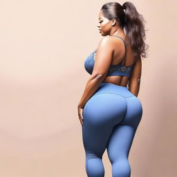 This high-quality digital art image features a woman with a voluptuous figure wearing tight leggings