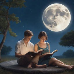 A magical fantasy library scene. A 21-year-old man with short hair and a beautiful woman immersed in reading a book, under the tranquil luminescence of the moon.