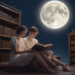 A magical fantasy library scene. A 21-year-old man with short hair and a beautiful woman immersed in reading a book, under the tranquil luminescence of the moon.