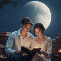 A magical fantasy library scene. A 21-year-old man with short hair and a beautiful woman immersed in reading a book, under the tranquil luminescence of the moon.