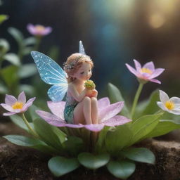 A mystical scene featuring a beautiful plant blossoming to reveal a sparkling, miniature fairy nestled snugly within its radiant petals.