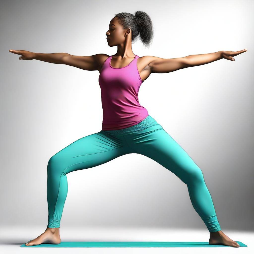 The image depicts a woman in a sporty outfit, positioned in a yoga pose often referred to as the 'missionary pose'