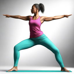 The image depicts a woman in a sporty outfit, positioned in a yoga pose often referred to as the 'missionary pose'