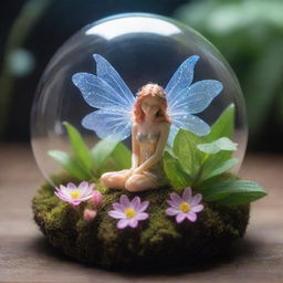 A mystical scene featuring a beautiful plant blossoming to reveal a sparkling, miniature fairy nestled snugly within its radiant petals.