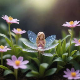 A mystical scene featuring a beautiful plant blossoming to reveal a sparkling, miniature fairy nestled snugly within its radiant petals.