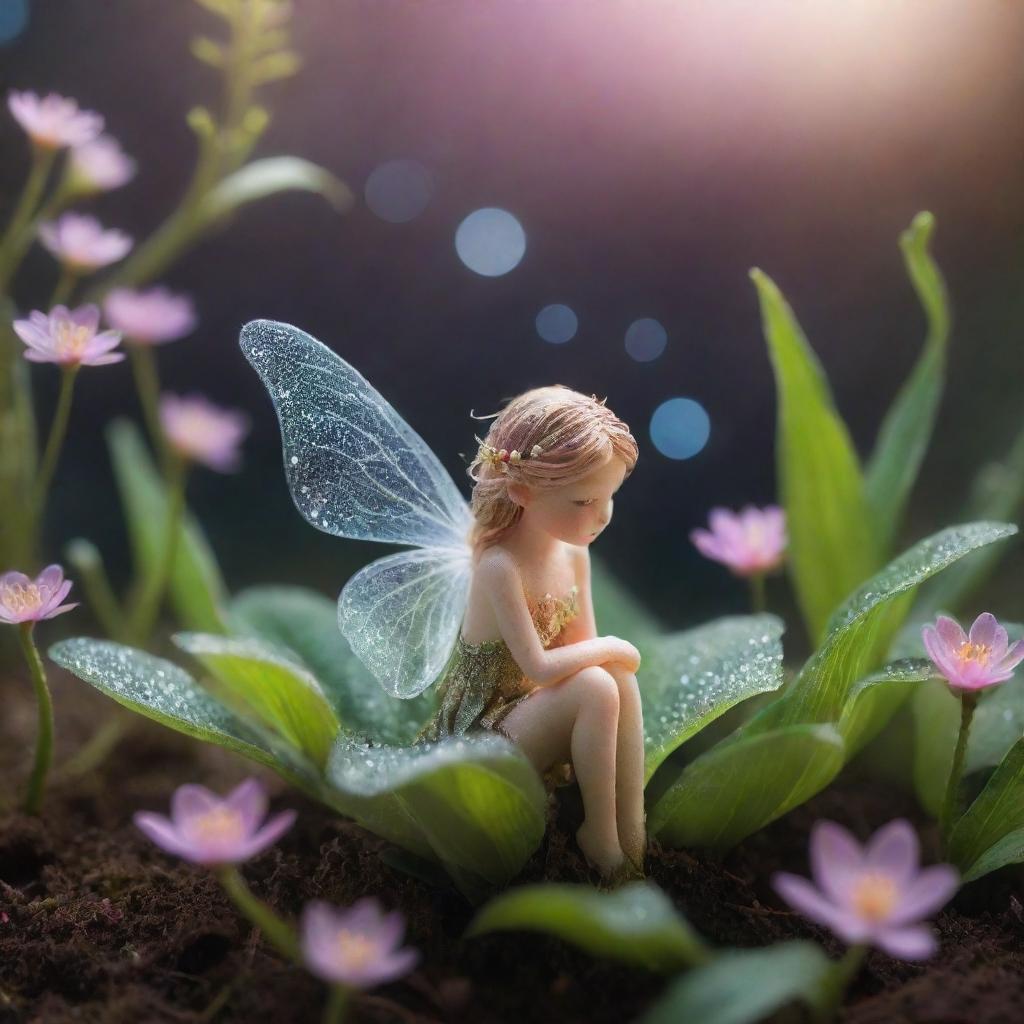 A mystical scene featuring a beautiful plant blossoming to reveal a sparkling, miniature fairy nestled snugly within its radiant petals.