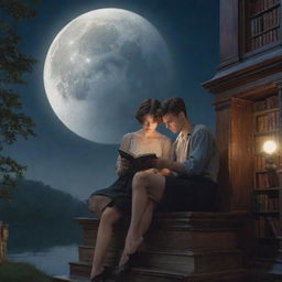 A fantastical library setting with a 21-year-old man, sporting short hair, and a beautiful woman inside, engrossed in reading a book under the placid glow of the moon.