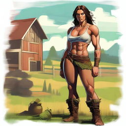 This digital art image represents a female human barbarian who grew up on a farm