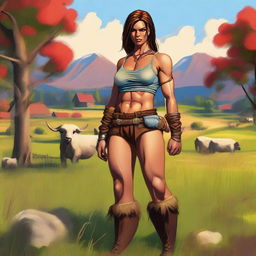 This digital art image represents a female human barbarian who grew up on a farm