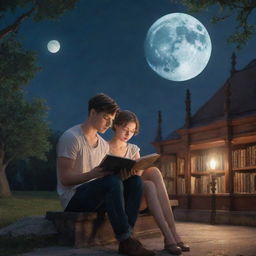 A fantastical library setting with a 21-year-old man, sporting short hair, and a beautiful woman inside, engrossed in reading a book under the placid glow of the moon.