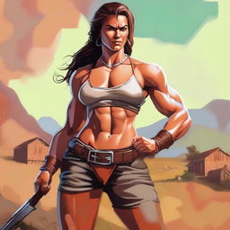 This digital art image represents a female human barbarian who grew up on a farm