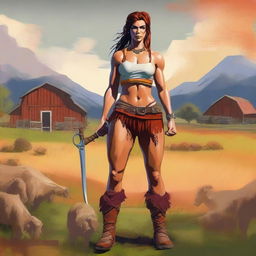 This digital art image represents a female human barbarian who grew up on a farm