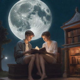 A fantastical library setting with a 21-year-old man, sporting short hair, and a beautiful woman inside, engrossed in reading a book under the placid glow of the moon.