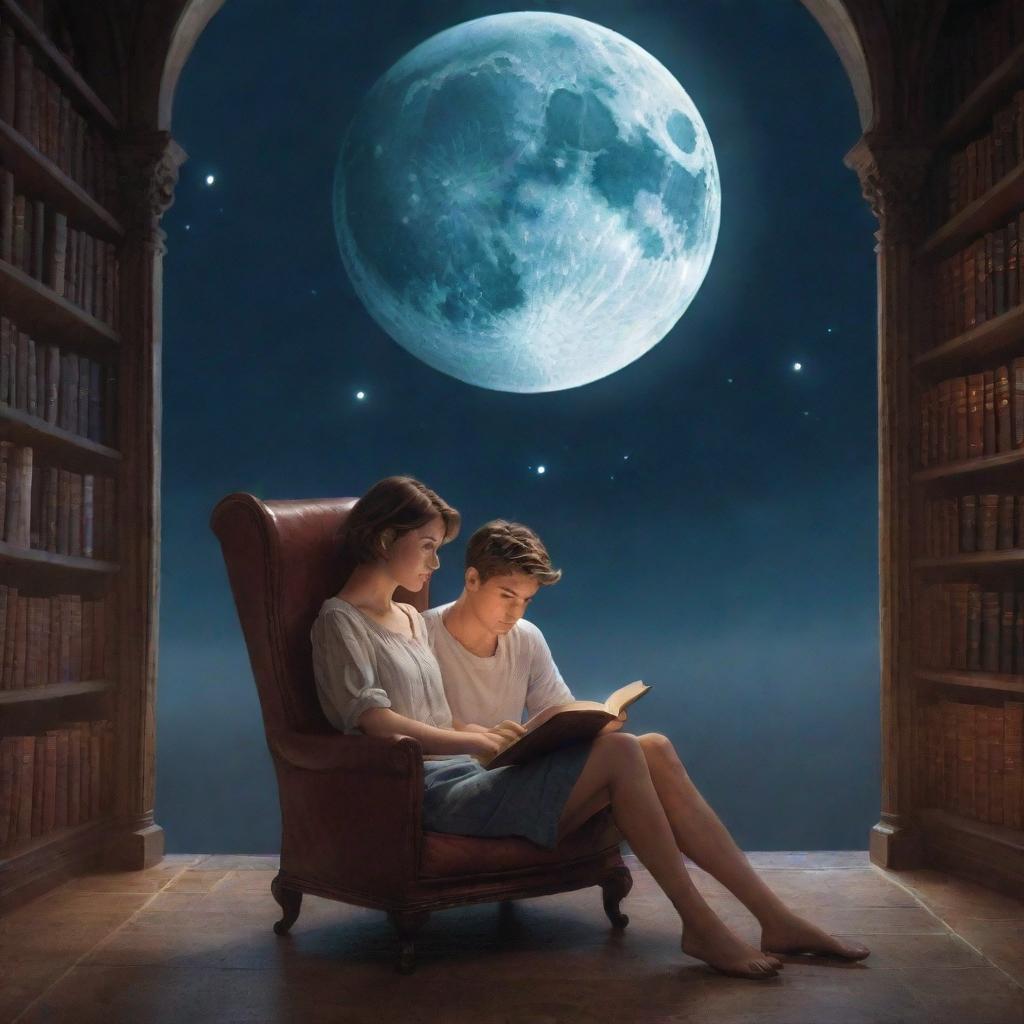 A fantastical library setting with a 21-year-old man, sporting short hair, and a beautiful woman inside, engrossed in reading a book under the placid glow of the moon.