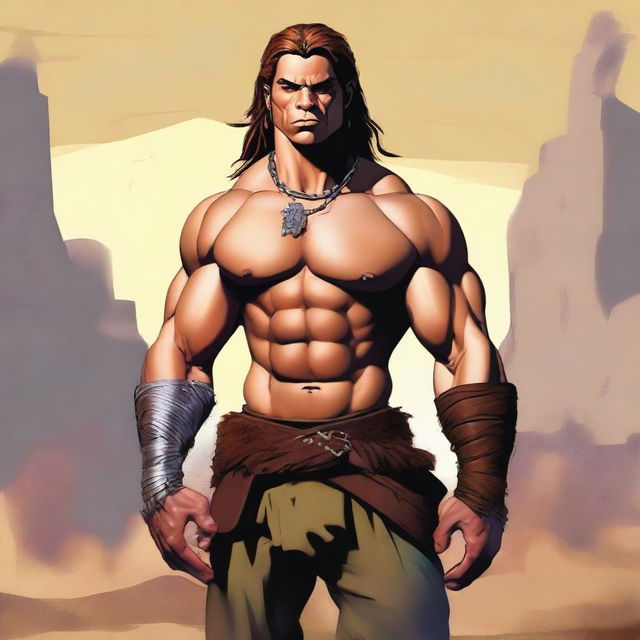 This digital art image captures an androgynous human barbarian in long pants and a long-sleeved shirt