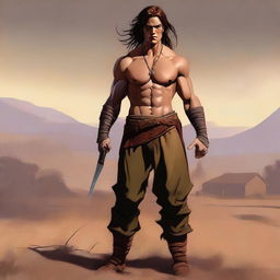 This digital art image captures an androgynous human barbarian in long pants and a long-sleeved shirt