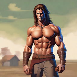 This digital art image captures an androgynous human barbarian in long pants and a long-sleeved shirt