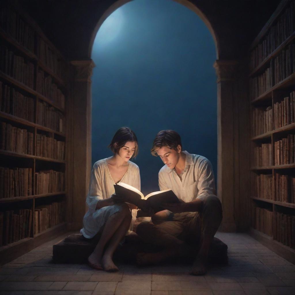 A mystical fantasy library housing a 21-year-old man with short hair and a lovely girl, both absorbed in reading a book under the tranquil glow of moonlight.