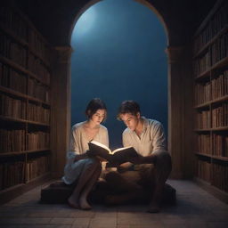 A mystical fantasy library housing a 21-year-old man with short hair and a lovely girl, both absorbed in reading a book under the tranquil glow of moonlight.