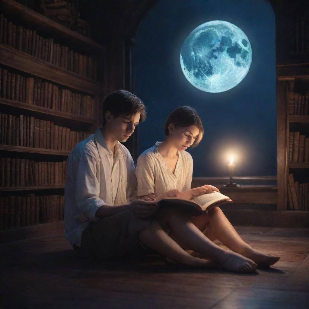 A mystical fantasy library housing a 21-year-old man with short hair and a lovely girl, both absorbed in reading a book under the tranquil glow of moonlight.