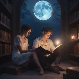 A mystical fantasy library housing a 21-year-old man with short hair and a lovely girl, both absorbed in reading a book under the tranquil glow of moonlight.