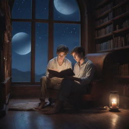 A mystical fantasy library housing a 21-year-old man with short hair and a lovely girl, both absorbed in reading a book under the tranquil glow of moonlight.