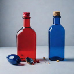 A captivating still life featuring two seeds cracking open to reveal a vivid, red bottle from one and a deep blue bottle from the other.