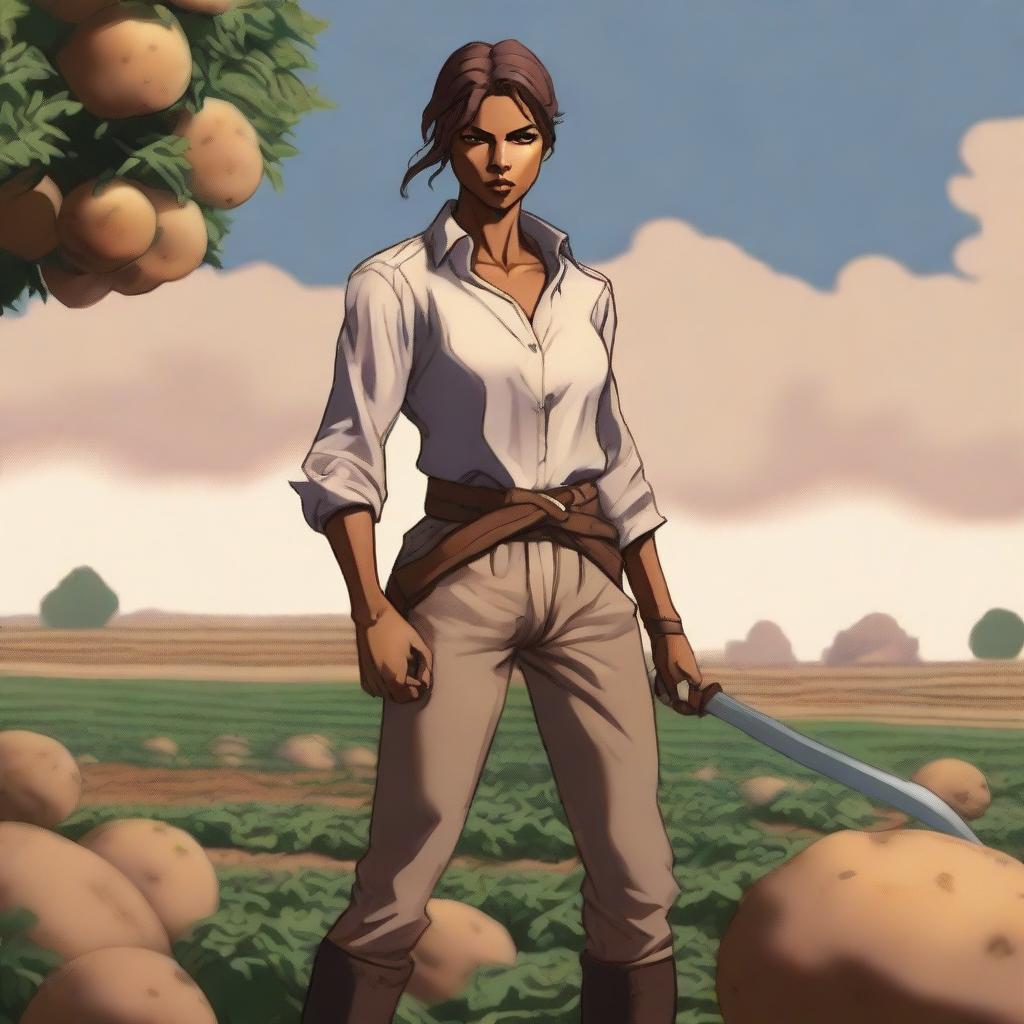 This high-quality digital art image features an androgynous human fighter with tan skin