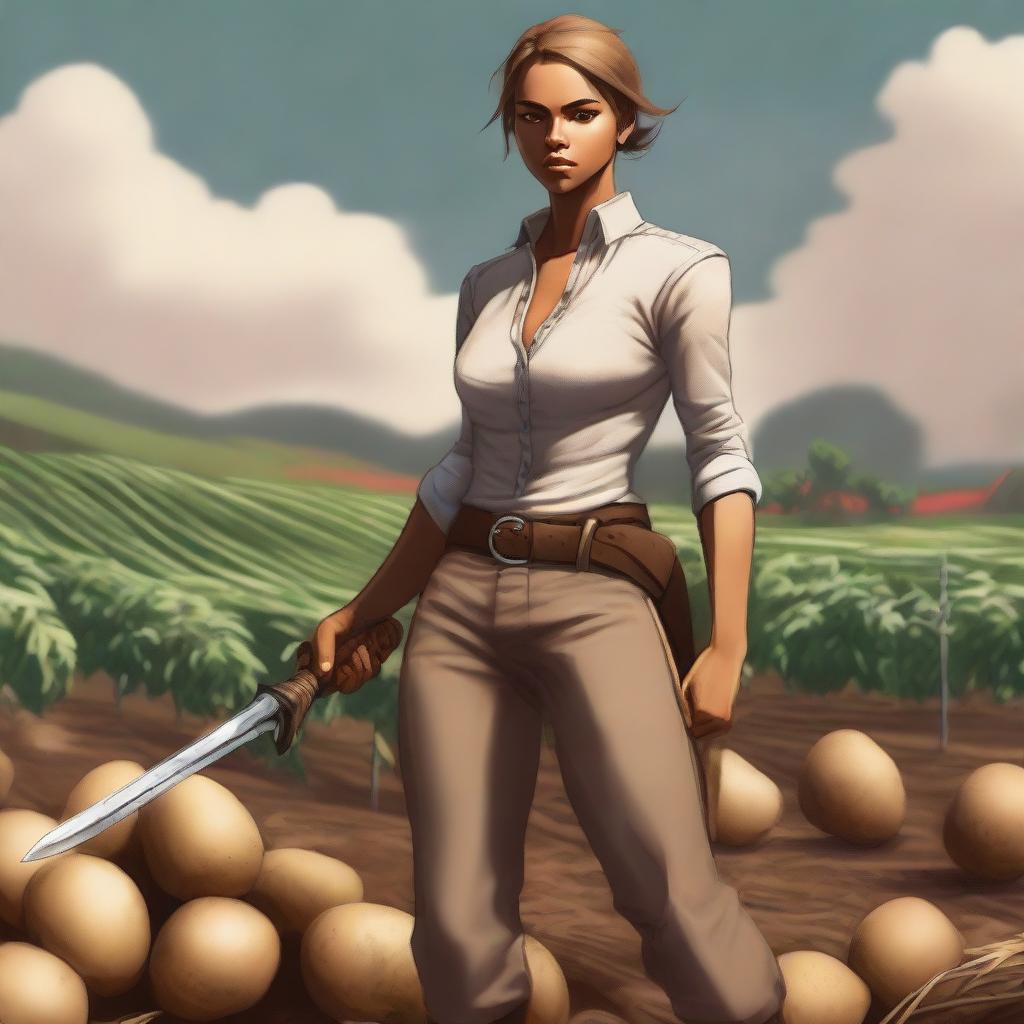 This high-quality digital art image features an androgynous human fighter with tan skin