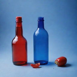 A captivating still life featuring two seeds cracking open to reveal a vivid, red bottle from one and a deep blue bottle from the other.