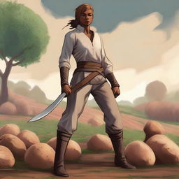 This high-quality digital art image features an androgynous human fighter with tan skin