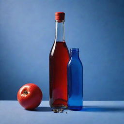 A captivating still life featuring two seeds cracking open to reveal a vivid, red bottle from one and a deep blue bottle from the other.