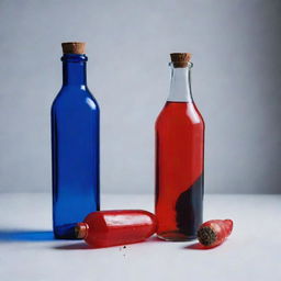 A captivating still life featuring two seeds cracking open to reveal a vivid, red bottle from one and a deep blue bottle from the other.