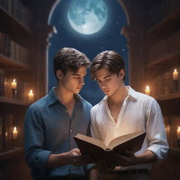 An enchanting fantasy library featuring a 21-year-old man with short hair and a beautiful Spanish girl, both captivated by a book in the soothing moonlight.