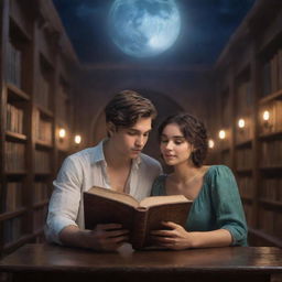 An enchanting fantasy library featuring a 21-year-old man with short hair and a beautiful Spanish girl, both captivated by a book in the soothing moonlight.