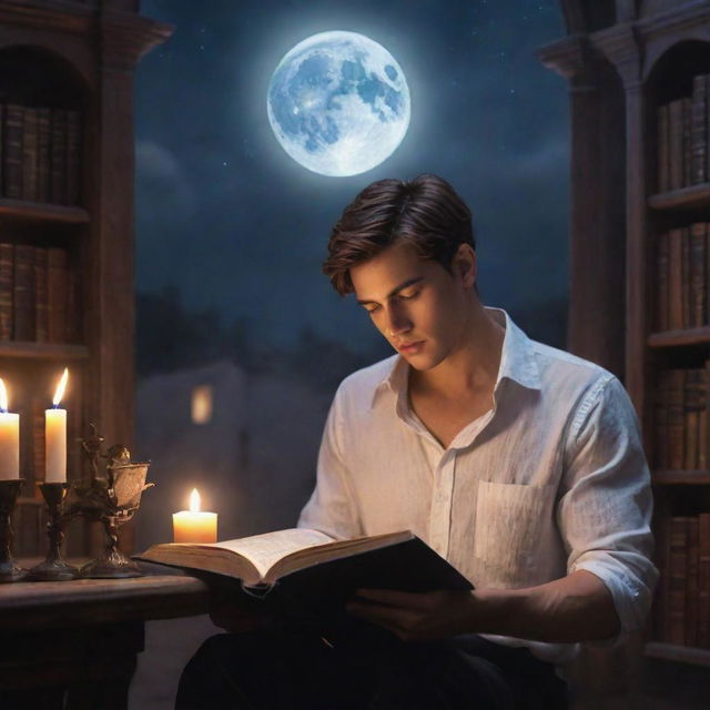 An enchanting fantasy library featuring a 21-year-old man with short hair and a beautiful Spanish girl, both captivated by a book in the soothing moonlight.