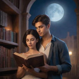 An enchanting fantasy library featuring a 21-year-old man with short hair and a beautiful Spanish girl, both captivated by a book in the soothing moonlight.