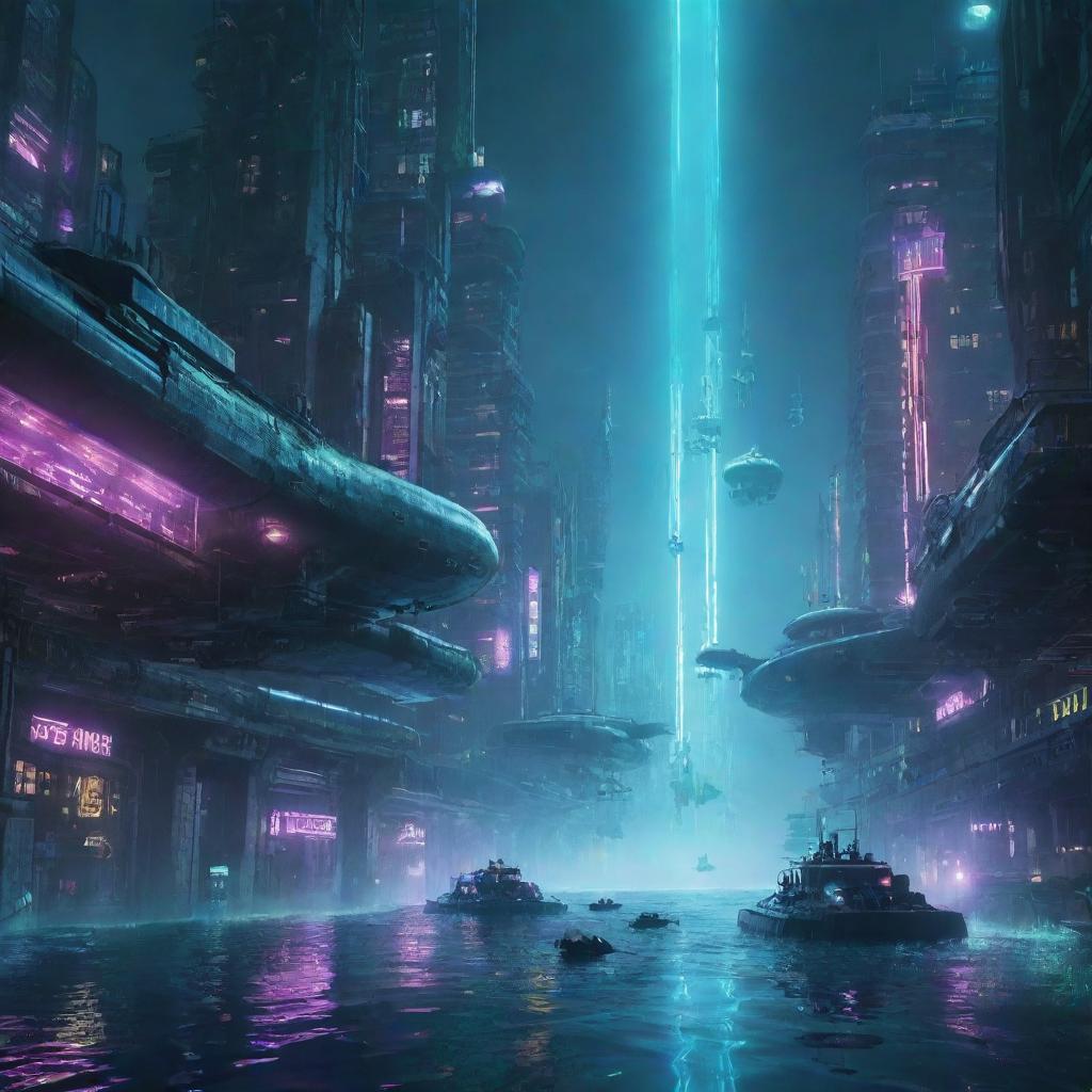 A futuristic cyberpunk city submerged underwater, illuminated with neon lights. Two submarines are exploring, while airborne vehicles stream above the water surface.