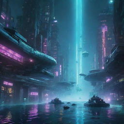 A futuristic cyberpunk city submerged underwater, illuminated with neon lights. Two submarines are exploring, while airborne vehicles stream above the water surface.