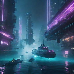 A futuristic cyberpunk city submerged underwater, illuminated with neon lights. Two submarines are exploring, while airborne vehicles stream above the water surface.